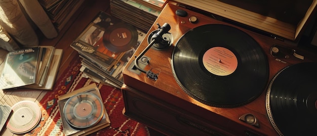 Ciepła i przytulna scena z gramofonem grającym płytę obok stosu płyt winylowych i albumów muzycznych