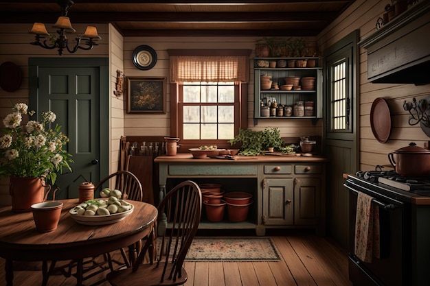 Ciepła i przytulna wiejska kuchnia z zabytkowymi drewnianymi szafkami i żeliwnymi naczyniami