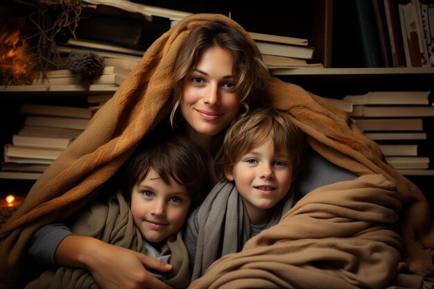 Ciepła i zapraszająca rodzinna chwila z matką i dziećmi obok kominka i książek książki zdjęcia hd