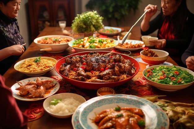 Ciepła kolacja rodzinna z tradycyjnymi chińskimi potrawami noworocznymi