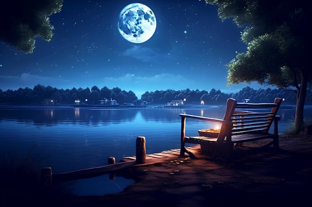 Ciepła letnia księżycowa noc na brzegu rzeki