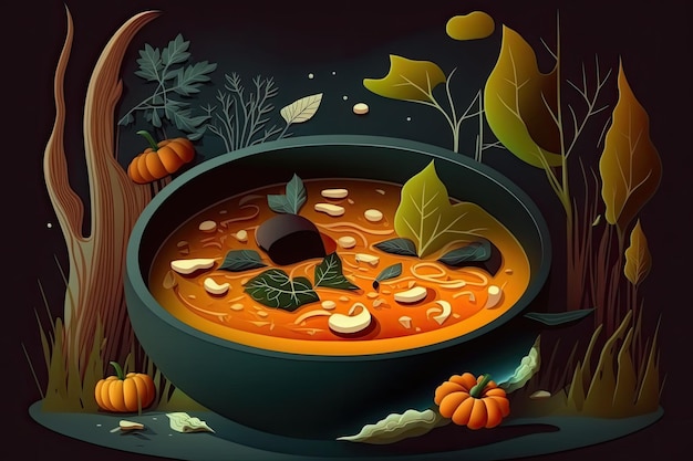 Zdjęcie ciepła miska zupy dyniowej przyozdobionej liśćmi generative ai