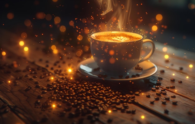 Ciepła, przyjemna filiżanka kawy emituje parę na wiejskim drewnianym stole pośród rozrzuconych ziaren kawy na tle światła bokeh