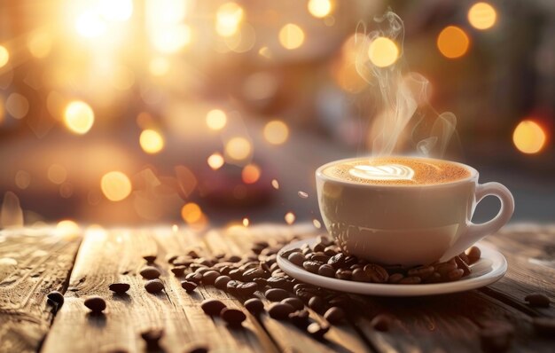 Ciepła, przyjemna filiżanka kawy emituje parę na wiejskim drewnianym stole pośród rozrzuconych ziaren kawy na tle światła bokeh