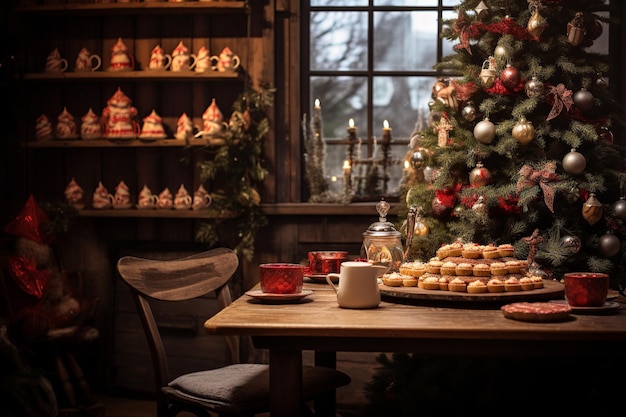 Ciepła świąteczna atmosfera Ciasteczka kakaowe i majestatyczna choinka delikatnie oświetlona na tyłach