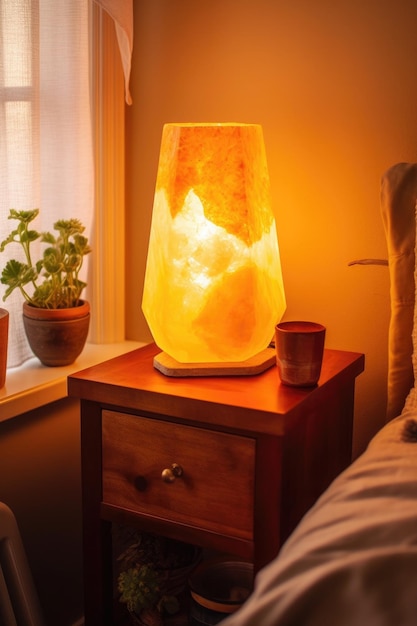 Ciepła świecąca lampa solna na stoliku nocnym stworzona za pomocą generatywnej sztucznej inteligencji