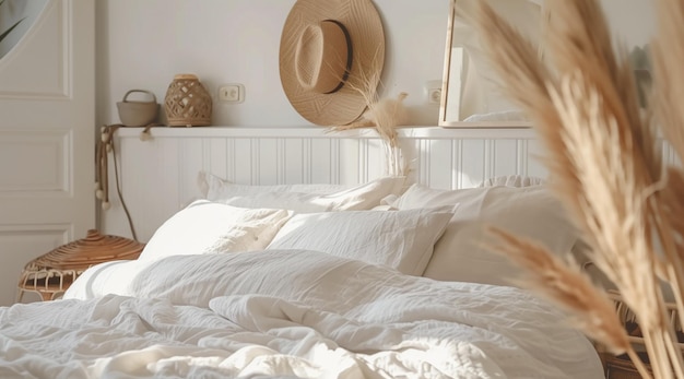 Ciepłe i przyjemne białe wnętrze sypialni z głównym łóżkiem, pościelą i naturalnymi dekoracjami