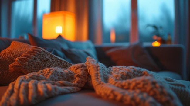 Zdjęcie ciepłe koce i poduszki na kanapie nocny film zmierzch