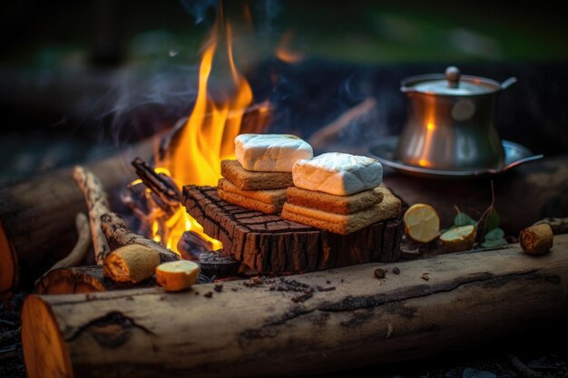 Ciepłe ognisko ze składnikami smores na pobliskiej kłodzie utworzone za pomocą generatywnej sztucznej inteligencji