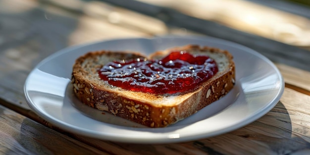Ciepłe śniadanie, pieczony chleb w kształcie serca, z masłem orzechowym i ciemnoczerwonym dżemem na białym talerzu na drewnianym stole.