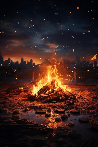 Zdjęcie ciepło ognia przeciwko wieczornemu niebu węgły pływające w górę jako centralny obraz dla lohri