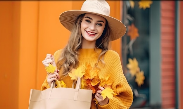 Ciepły i przyjemny jesienny portret szczęśliwej młodej kobiety tworzony za pomocą narzędzi sztucznej inteligencji generatywnej