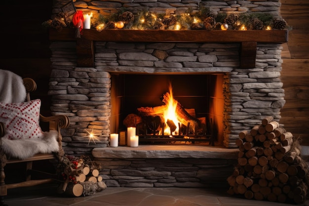 Ciepły i przytulny kominek opalany prawdziwym drewnem, idealny do dekoracji zimowych i świątecznych podróży