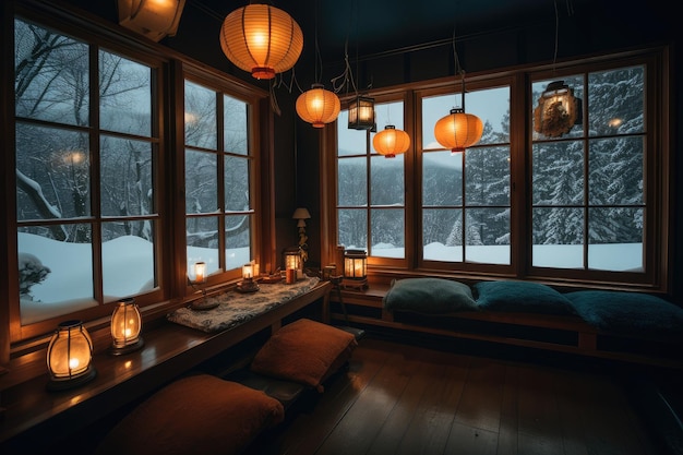 Ciepły i przytulny pokój z lampionami oświetlającymi widok zaśnieżonej scenerii na zewnątrz