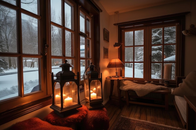Ciepły i przytulny salon z lampionami oświetlającymi okno i widokiem na ośnieżone plenery