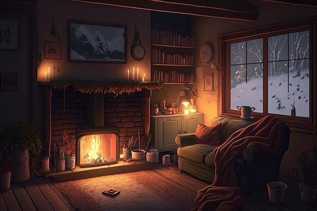 Ciepły i przytulny salon z trzaskającym kominkiem w mroźną zimową noc