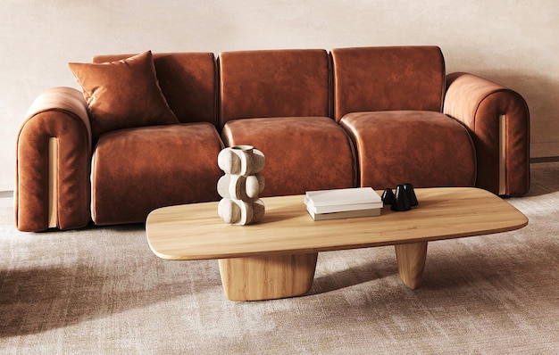 Ciepły i przytulny skandynawski salon z luksusową kanapą z terakoty i aksamitem