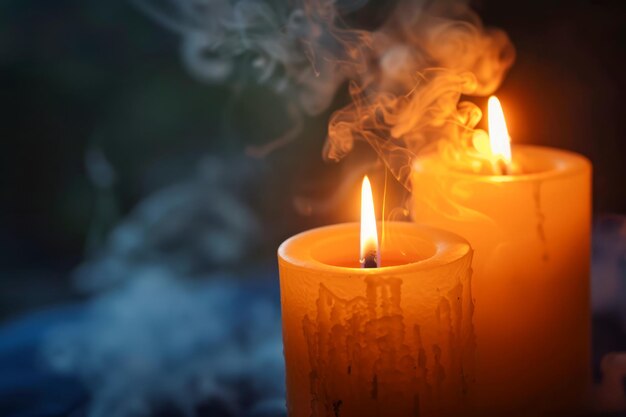 Zdjęcie ciepły płomień dwóch zapalonych świec w pokojowym otoczeniu z miejscem na tekst