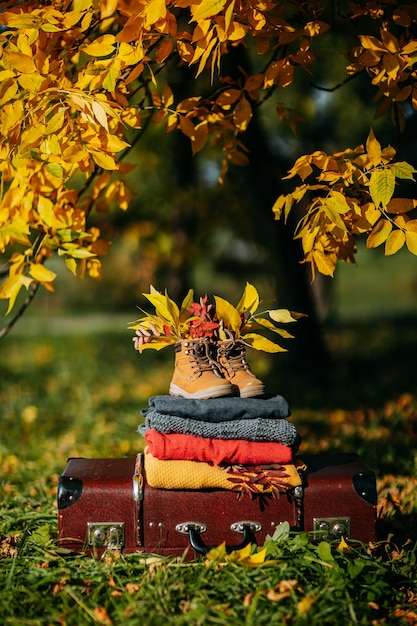 Ciepły sweter na walizce w stylu vintage i stare buty z liśćmi w środku