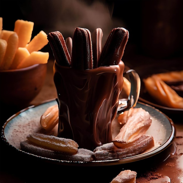 Zdjęcie ciesz się niebiańską kombinacją churros i czekolady hiszpańskie jedzenie obraz wygenerowany przez sztuczną inteligencję