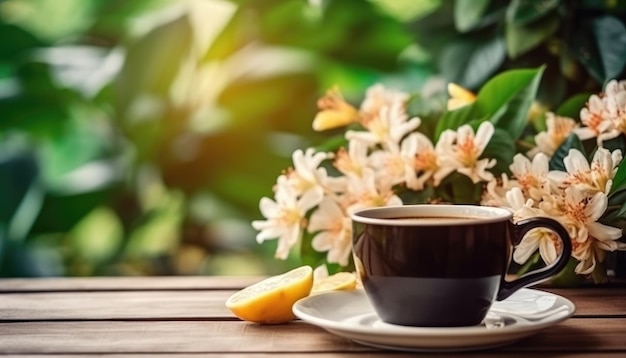 Ciesz się uspokajającą filiżanką gorącej kawy z kwiatami Generative AI