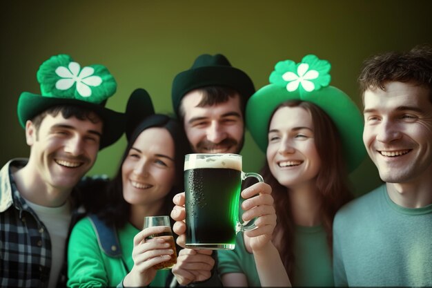 Ciesząc się z przyjaciółmi wznoszącymi toast piwem, wygenerowano zielony baner tła dla St Patrick's Day Ai