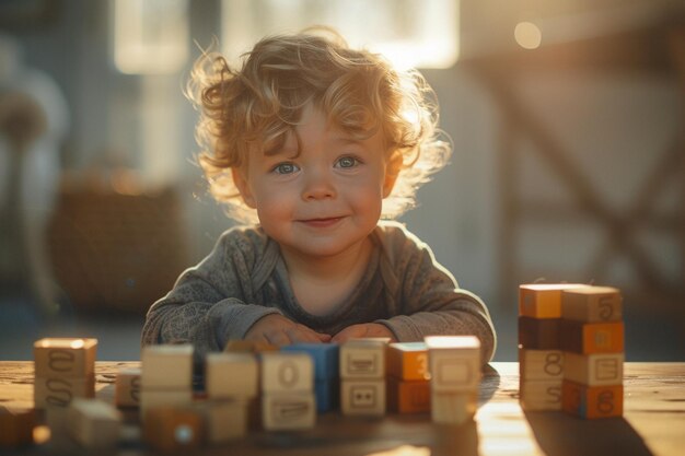 Zdjęcie cieszące się małe dziecko bawi się żywymi drewnianymi blokami budowlanymi
