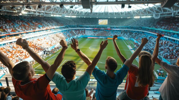 Zdjęcie cieszący się tłum na stadionie oglądający mecz piłki nożnej