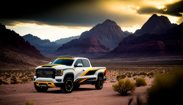 Ciężarówka chevrolet silverado jest zaparkowana na pustyni z górami w tle