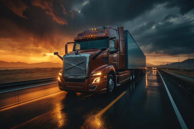 Zdjęcie ciężarówka i autostrada przy zachodzie słońca ciężarówki poruszające się niewyraźnie generatywne ia