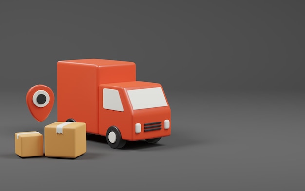 ciężarówka i pudełko na czarnym tle Zakupy online koncepcja ilustracja renderowania 3d