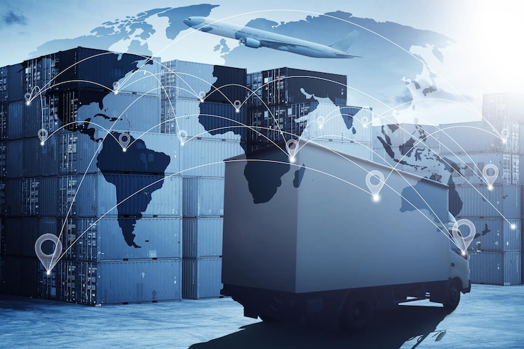 Zdjęcie ciężarówka i samolot z ładunkiem kontenerowym do logistycznej koncepcji importu i eksportu inteligentnej technologii z globalnym partnerstwem logistycznym i transportem