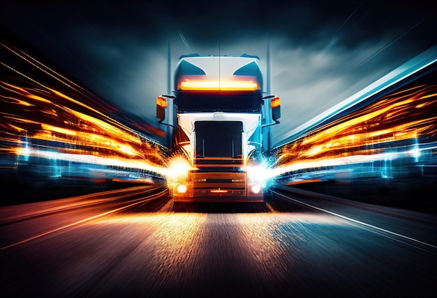 Ciężarówka jadąca autostradą w nocy reflektor samochodowy lightxAillustration Ai generative