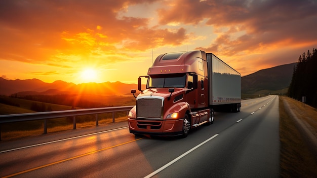 ciężarówka jedzie autostradą podczas zachodu słońca Generacyjna AI