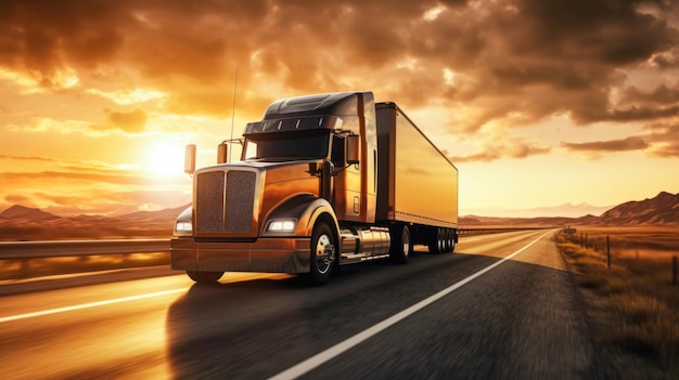 Ciężarówka na autostradzie o zachodzie słońca Słońce spada pod horyzont rzucając ciepłe pomarańczowe światło na otwarty potężny przyczepę z ładunkiem pędzącym w odległość wzdłuż autostrady