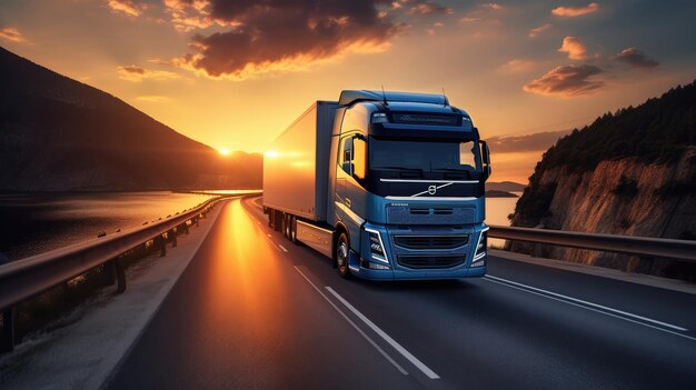 Ciężarówka na drodze o zachodzie słońca Koncepcja transportu i logistyki