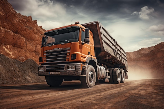 Ciężarówka na drodze w kamieniołomie 3d rendering Ciężarówka do załadunku ładunku rudy żelaza na placu budowy AI Generated