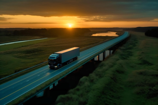 Ciężarówka przejeżdżająca przez most o zachodzie słońca