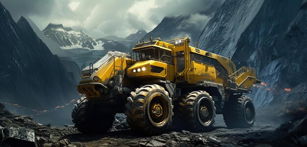 ciężarówka przemysłowa w górach w stylu hiperrealistycznego scifi