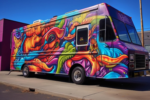 Ciężarówka Taco z kolorowym muralem i żywą atmosferą