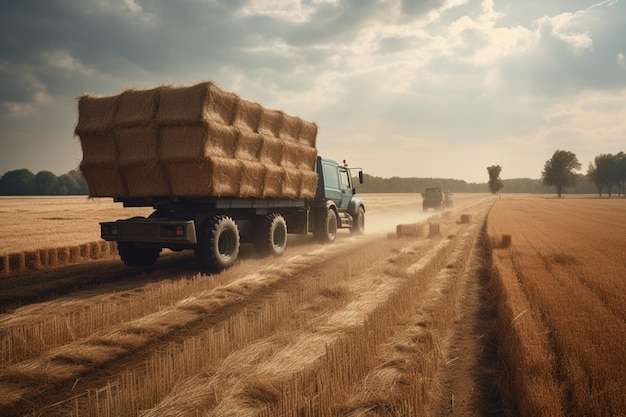Zdjęcie ciężarówka z belami siana jedzie przez pole.