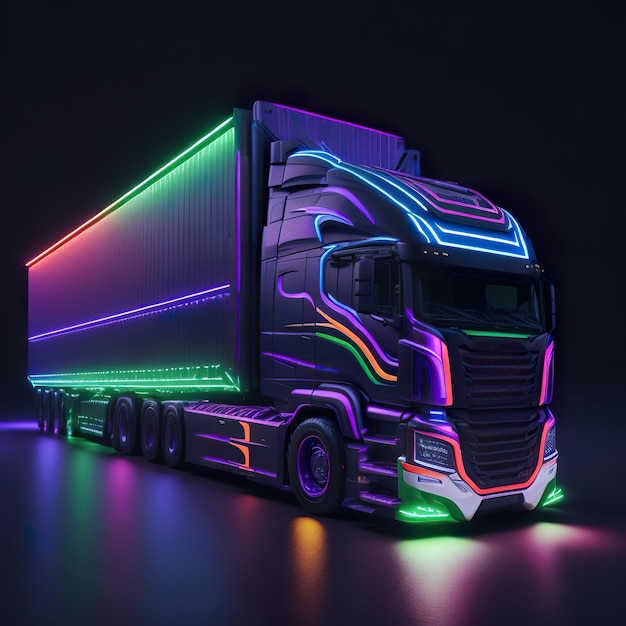 Ciężarówka z neonowymi światłami jest oświetlona.
