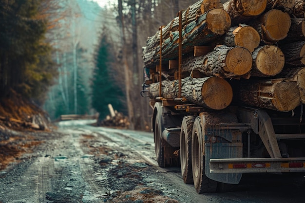 Ciężarówka z świeżo wyciętymi drzewami w drodze do młynów do przetwarzania