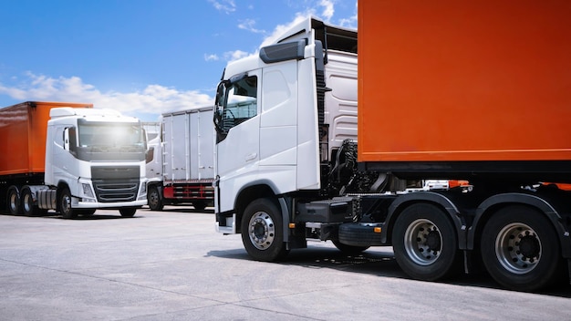 Ciężarówki do przewozu ładunków na parkingu. Transport ciężarowy Transport towarowy Transport ciężarowy Logistyka