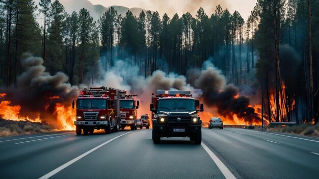 Ciężarówki jadą drogą obok lasu