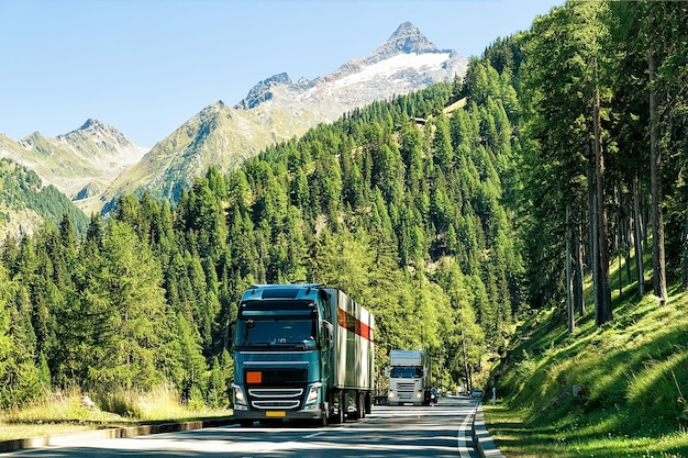 Ciężarówki na drodze w Visp, kanton Valais, Szwajcaria.