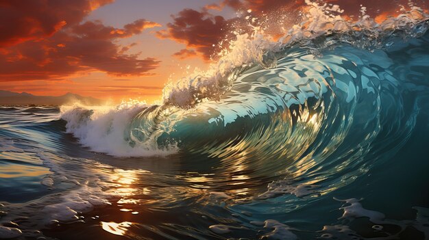 Ciężka fala morska z pięknym zachodem słońca