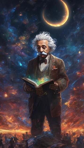 ciężki impasto obraz olejny anime pełny materiał Albert Einstein Reading
