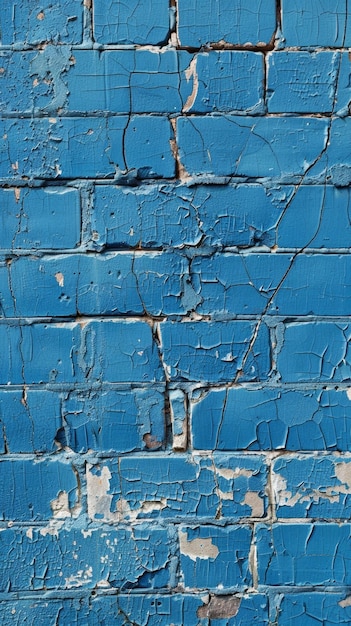 Ciężko zniszczona i łuszcząca się niebieska ściana z warstwami pękniętej i rozdrobnionej farby ujawniającej podstawową cegłę w abstrakcyjnym wzorze
