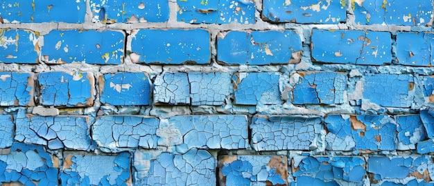 Ciężko zniszczona niebiesko-niebieska ściana z cegły wykazująca rozległe pęknięcia, szczelinowanie i łuszczenie warstw farby tworząc abstrakcyjną powierzchnię teksturową